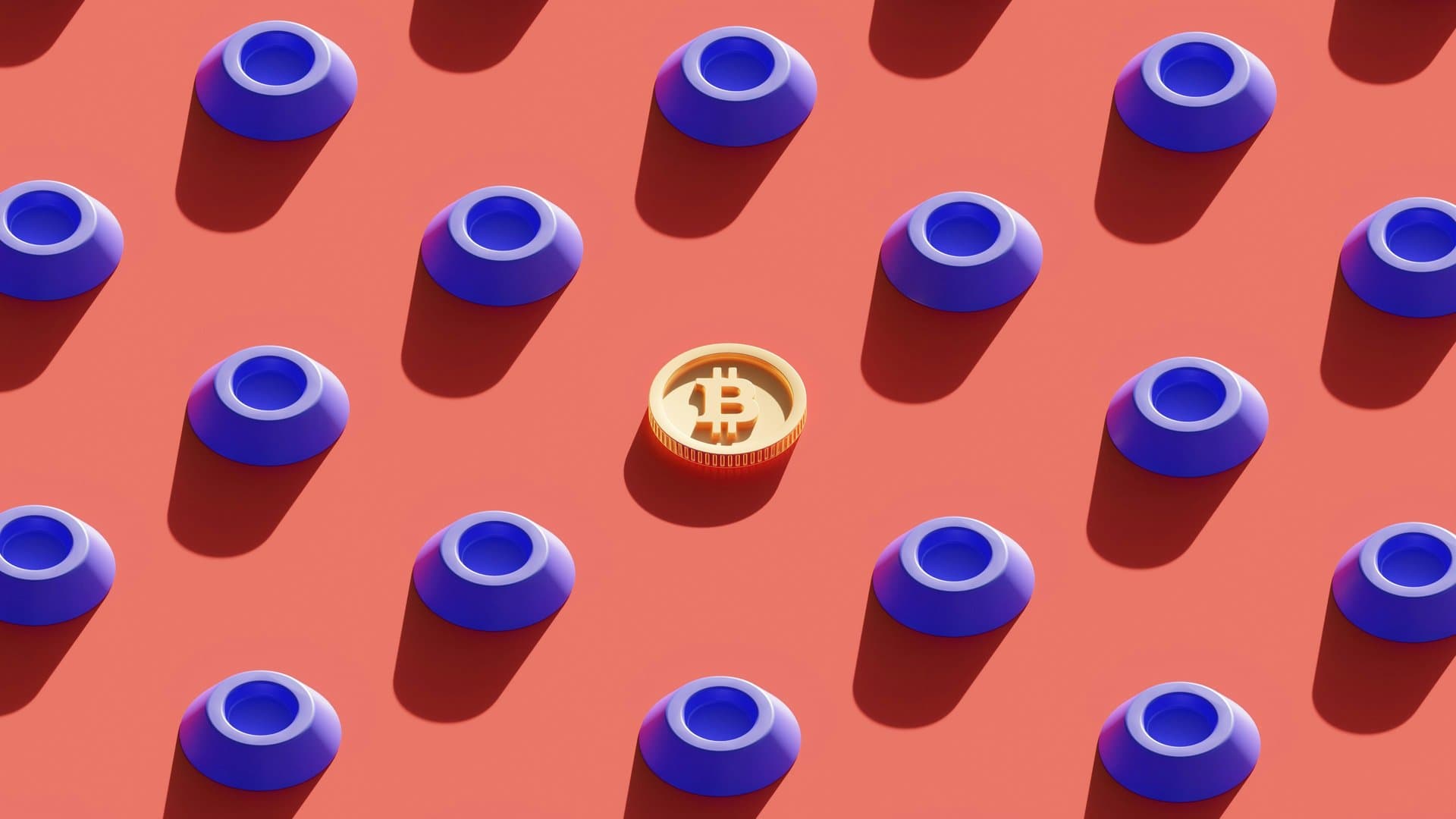 A 3D illustration of a bitcoin surrounded by blue plastic containers