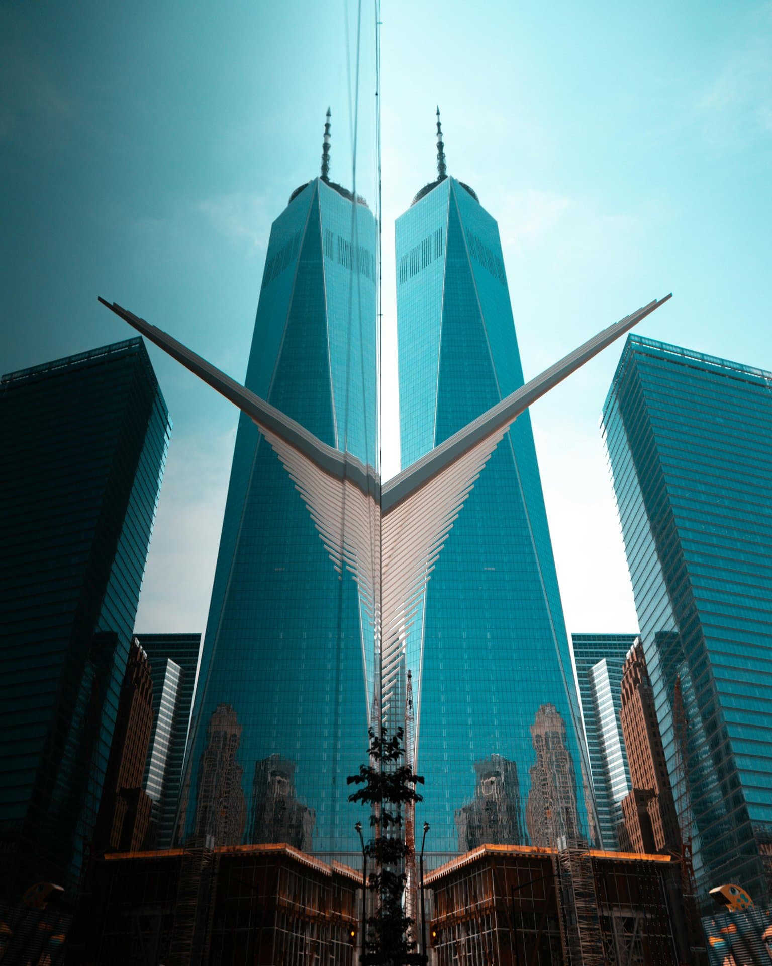 a mirrored view of One World Trade Center