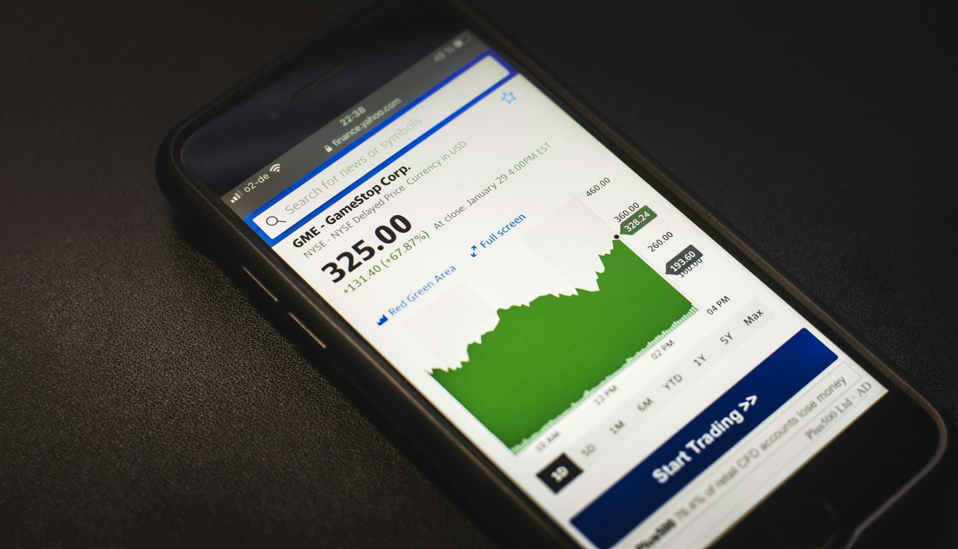 a smartphone displaying a chart for GME stock prices