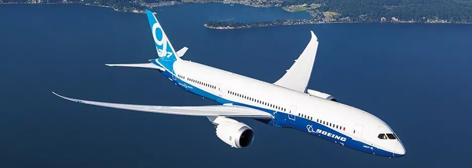 the image shows a Boeing 787 Dreamliner in flight