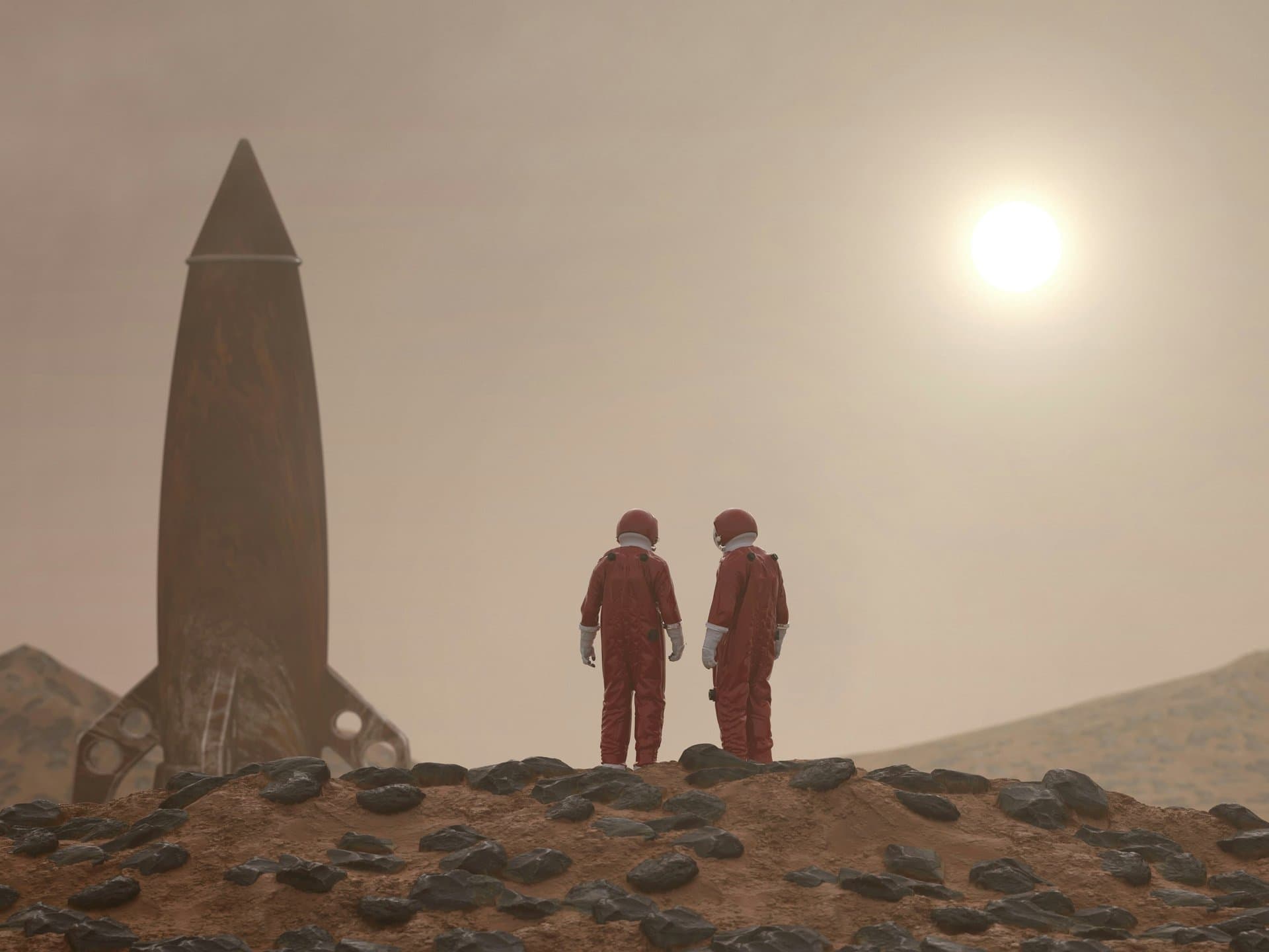 2 astronauts standing on mars