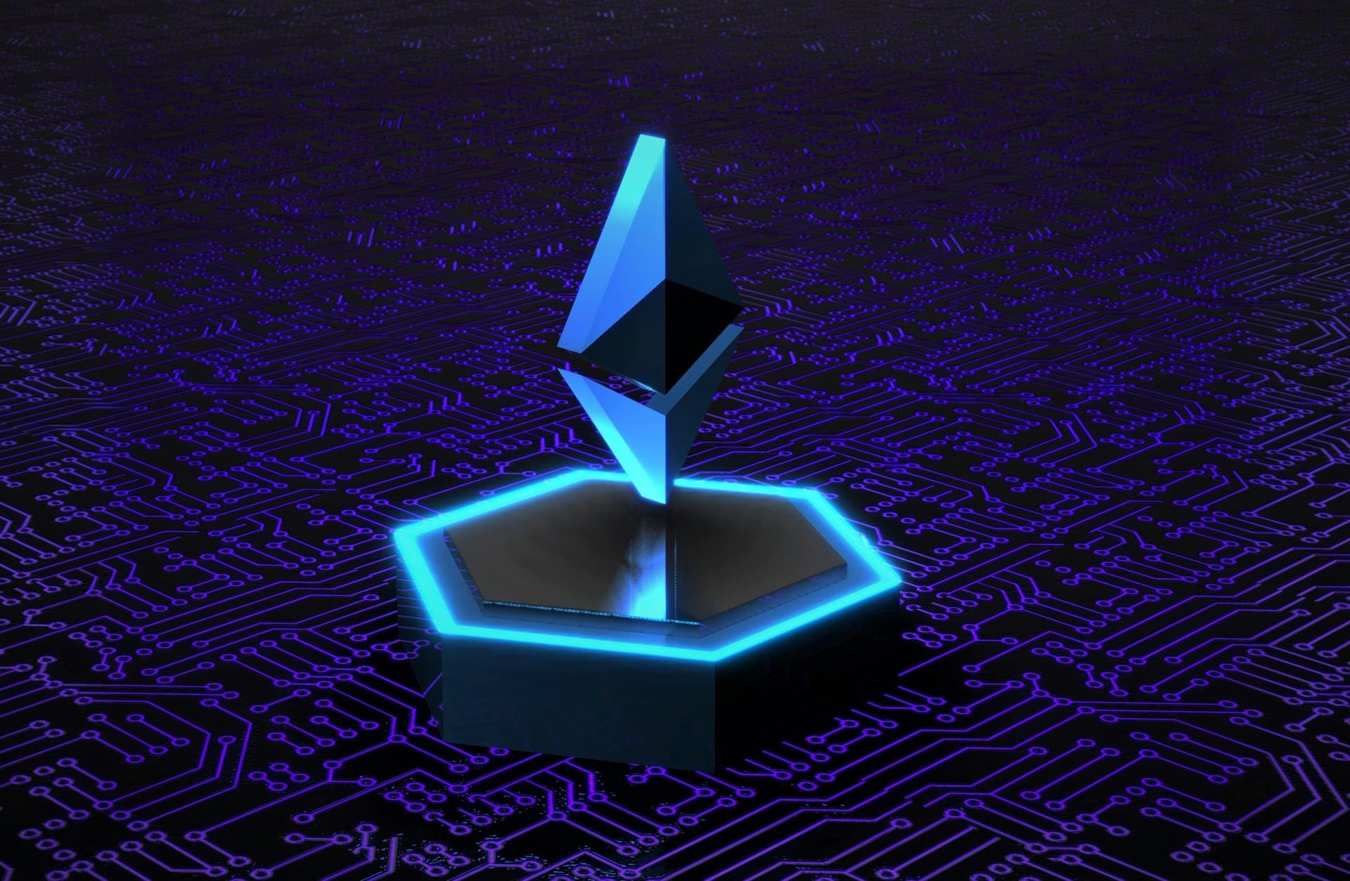 a bright blue shape representing Etherium cryptocurrency