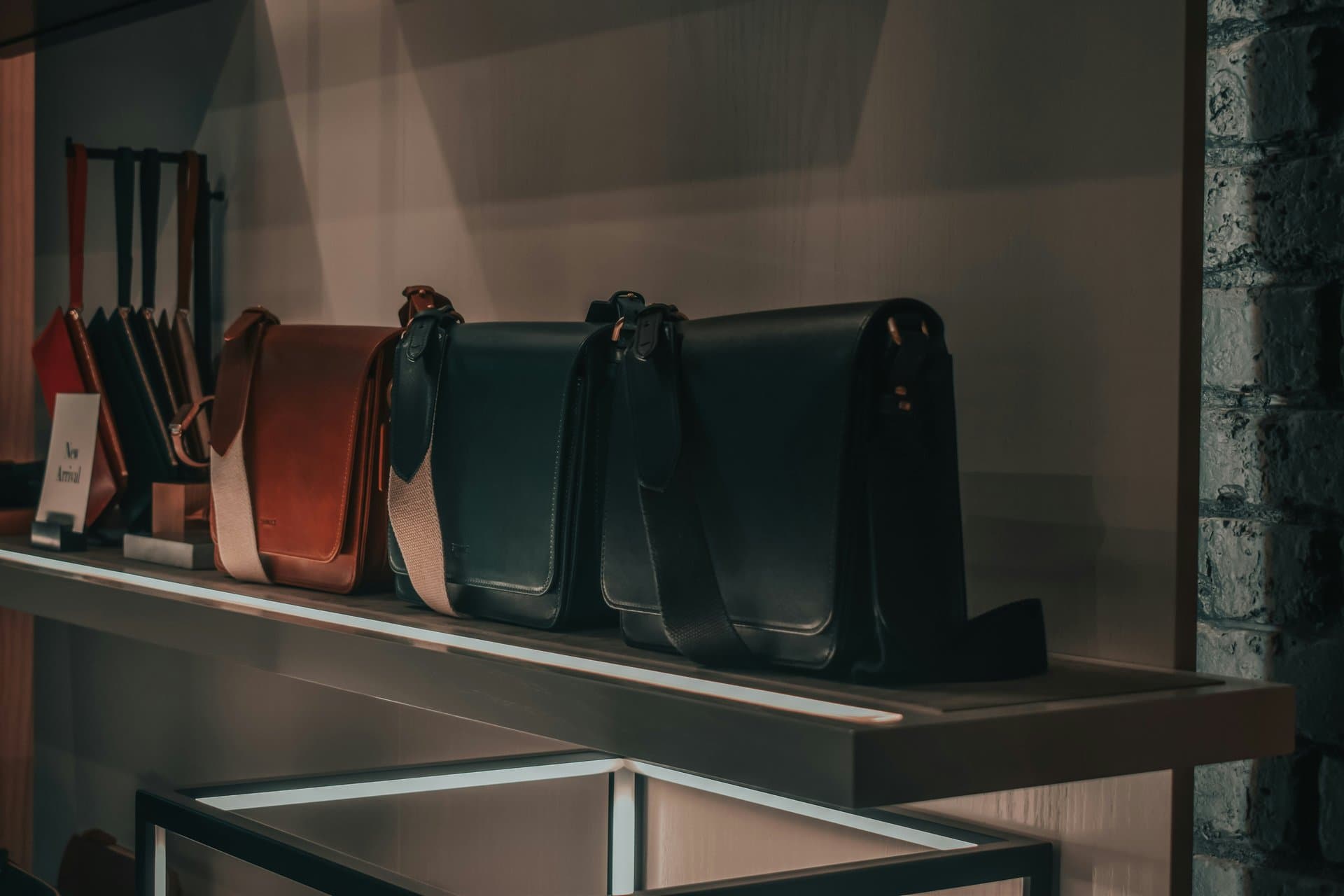bags lined up in a showroom