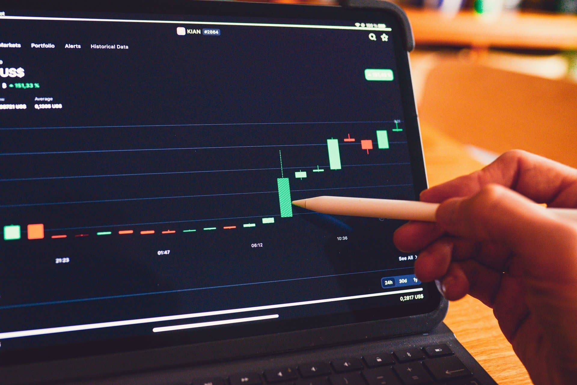 a screen with stock prices and a pencil guiding through