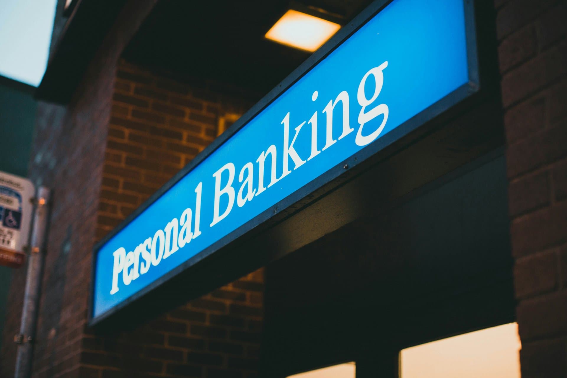 a building with a board 'personal banking'
