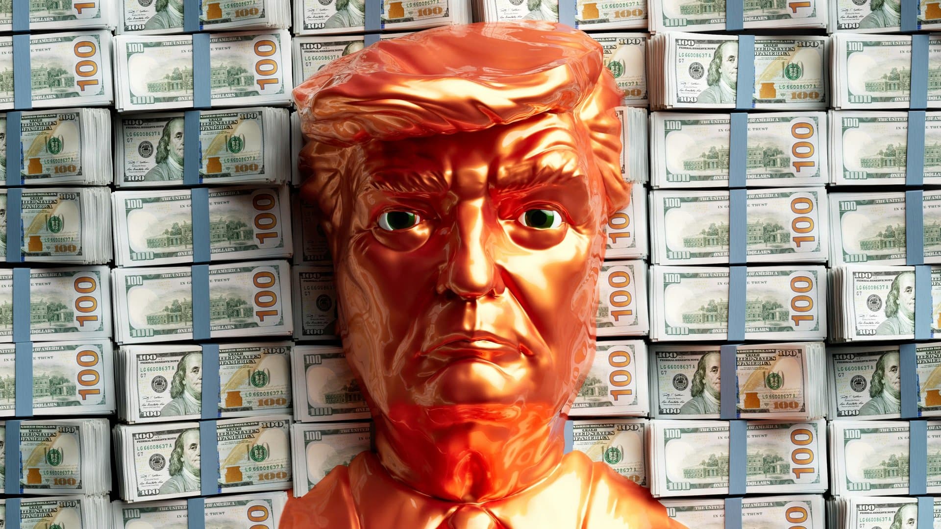 bronze model of trump on a pile of dollars
