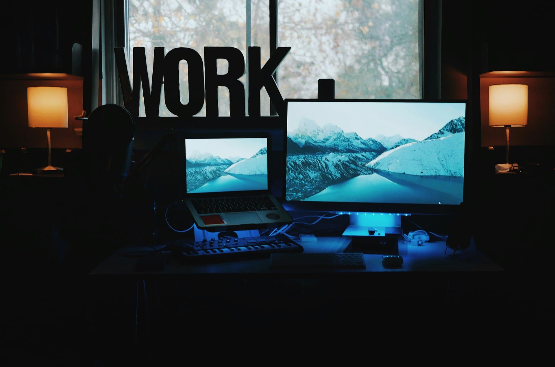 home office desk with 'Work' sign