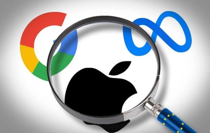 the logos of Google, Apple, and Meta being viewed through a magnifying glass