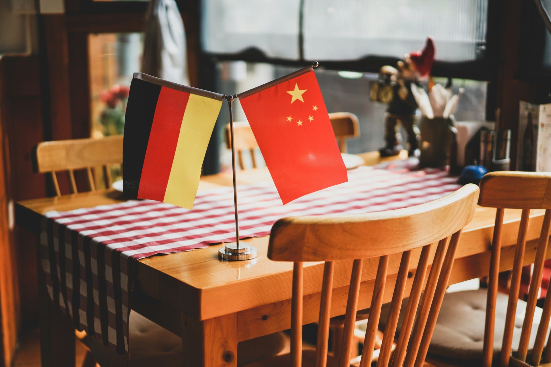 Germany and China Flags on a table