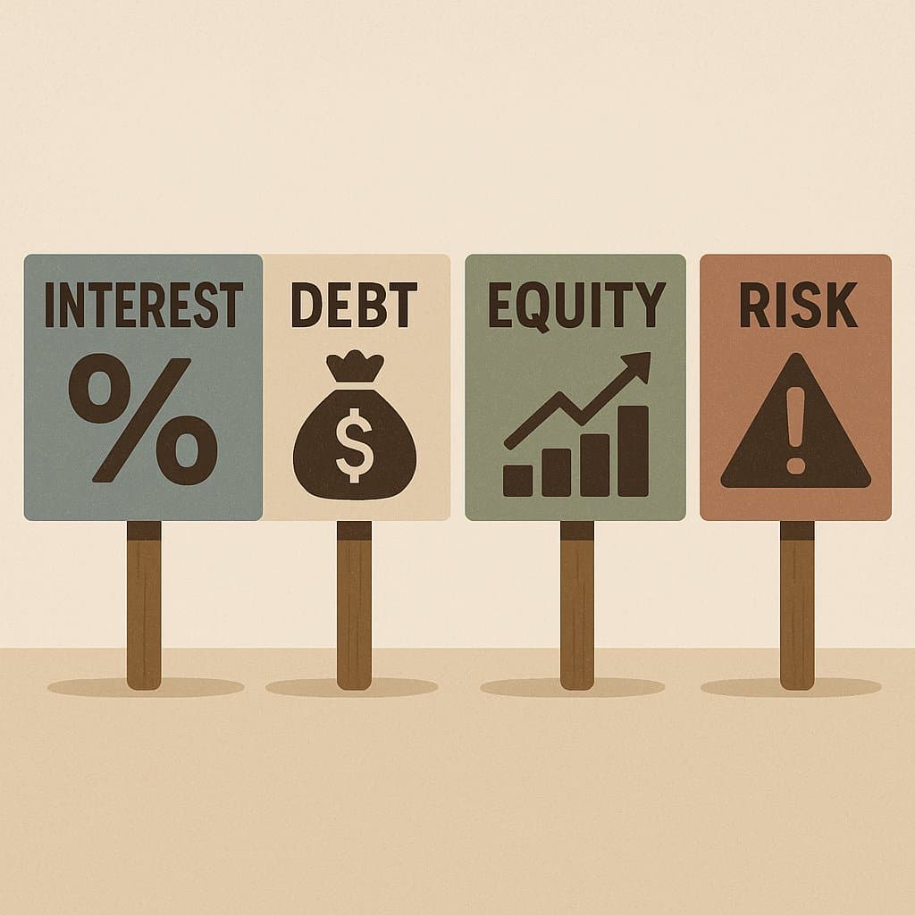 four signs representing key financial concepts: interest, debt, equity, and risk