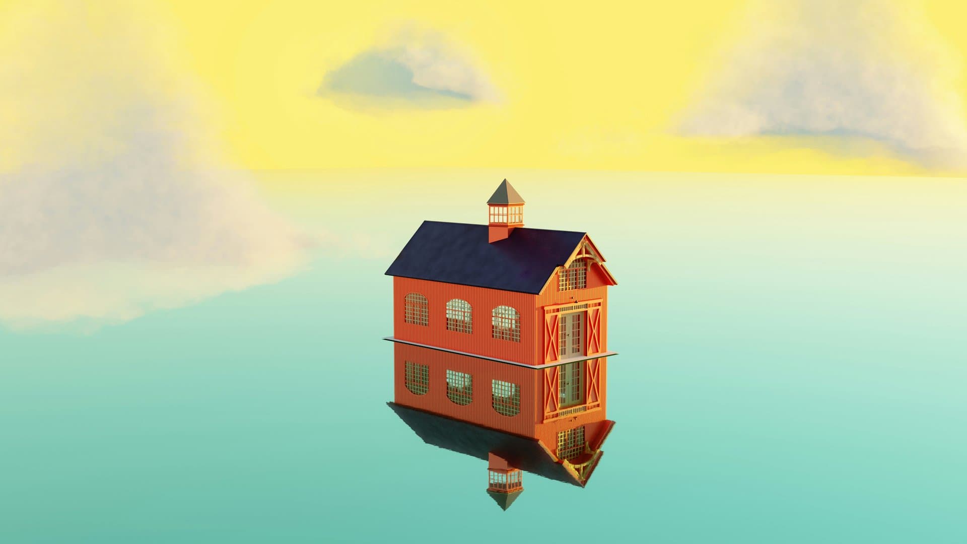 a 3d render of a house on water