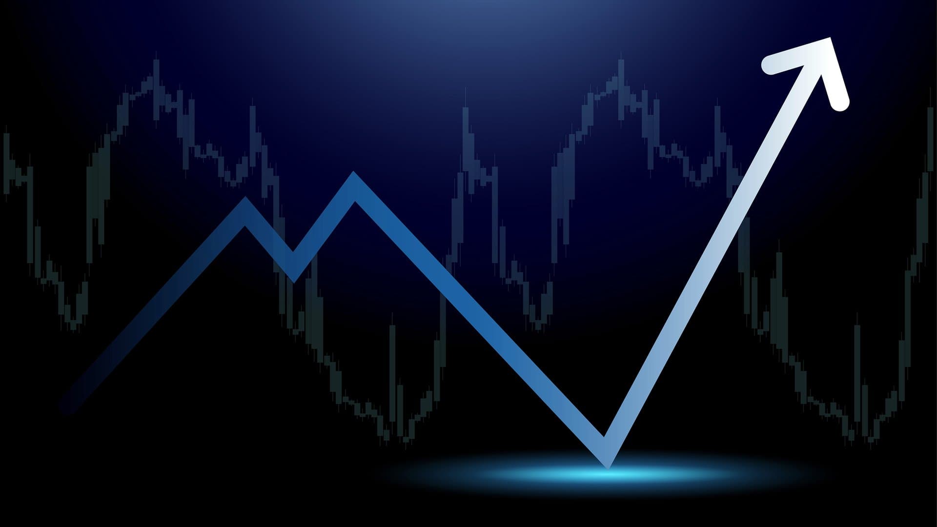 a stock market or financial chart with a prominent upward-trending arrow