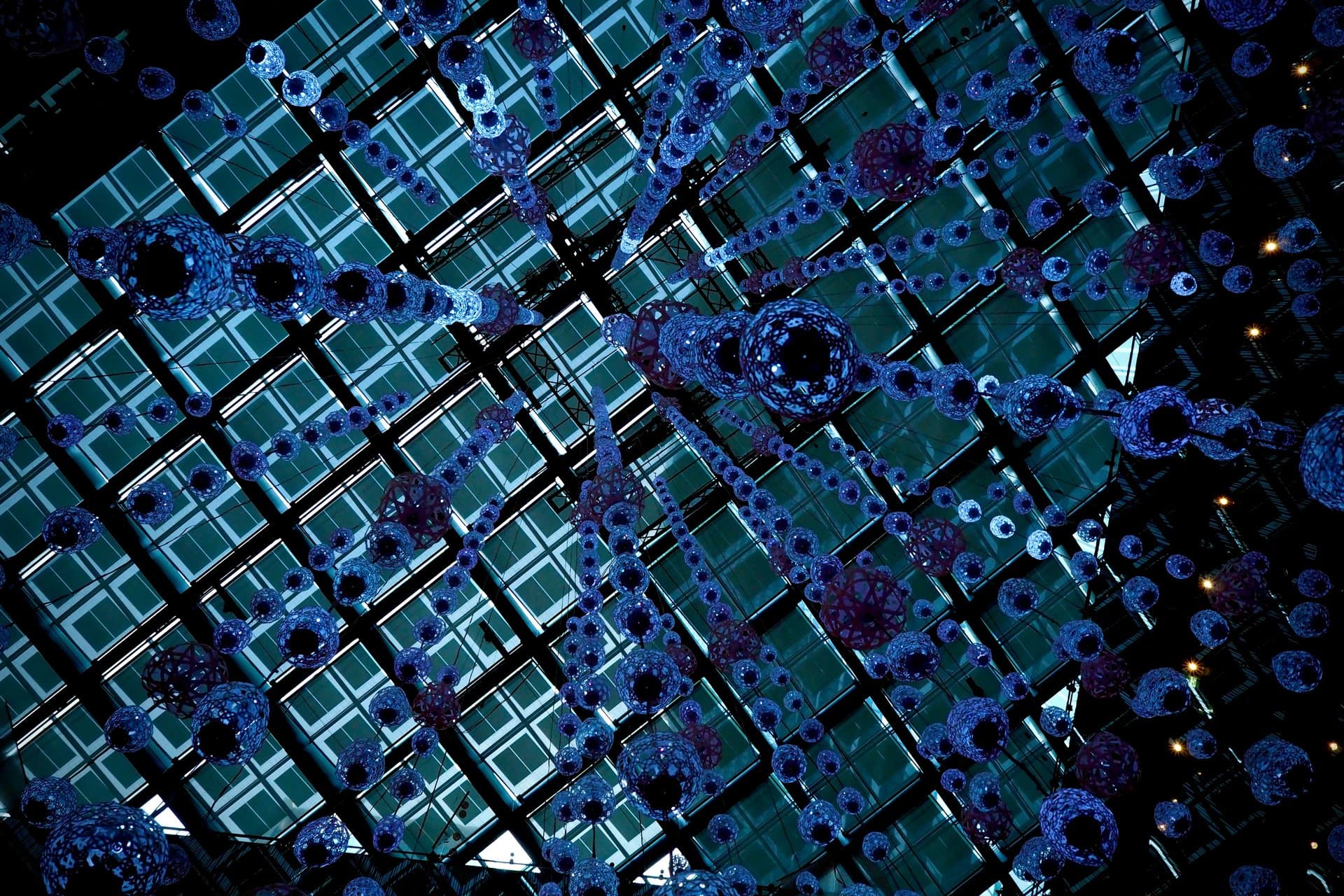 blue spherical shapes hanging from the ceiling