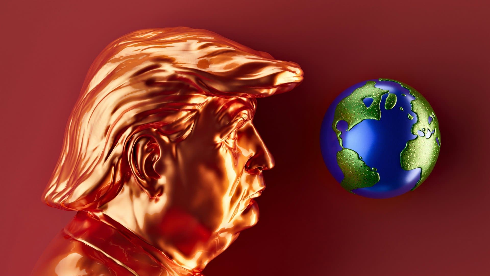 A 3D rendition of a man looking at a globe
